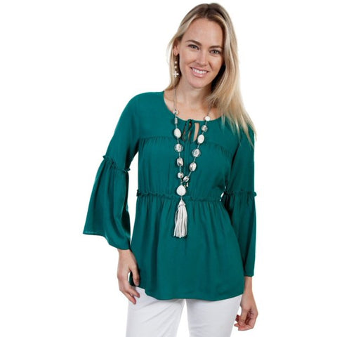 Flounce Blouse With 3/4 Sleeves Green Blouse