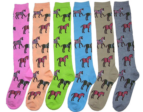 Ladies Knee Socks- Horses With Blankets Socks