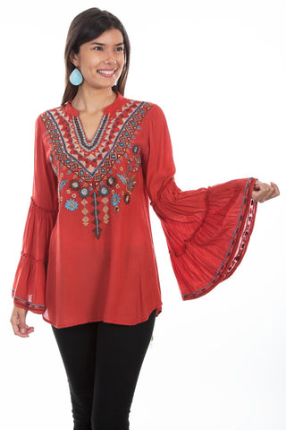 Emb. Vneck Tunic With D Red Blouse