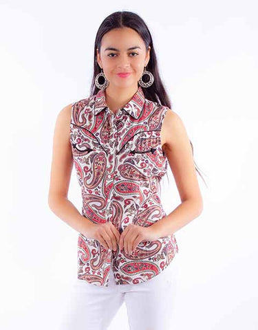 LD WESTERN TOP W/PAISLEY RED  936