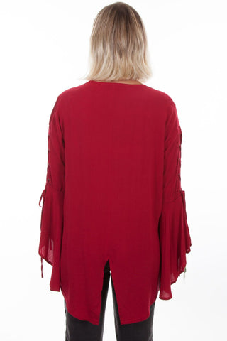 Hi/Lo Split Back With Flared Sleeves Red Blouse