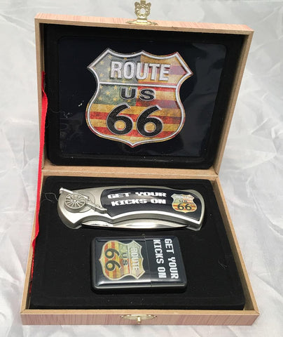 Knife With Lighter Route 66 With Usa Shield Box