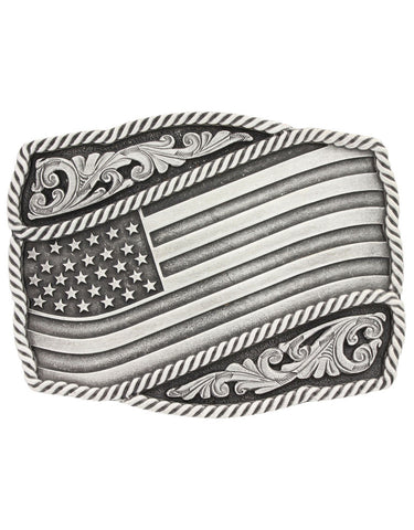 Silver Engraved Flag Belt Buckle