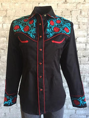 Women's Vintage Black Western Shirt with Floral Embroidery